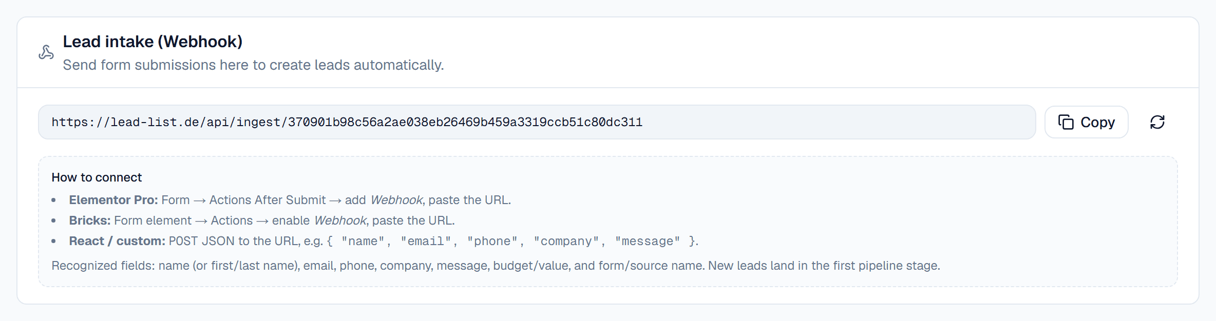 Admin-Bereich mit der Webhook-Adresse für den Lead-Eingang